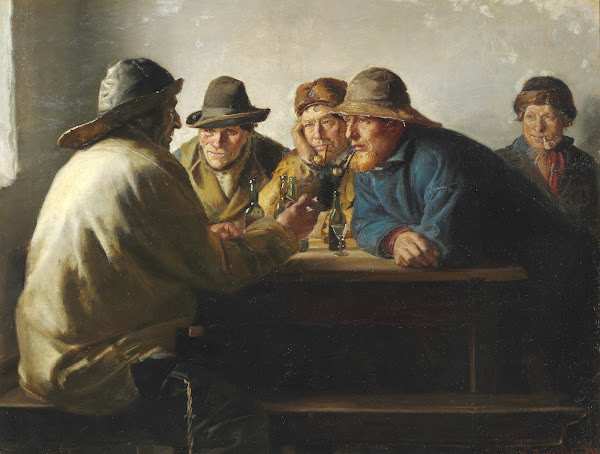 Fiskere omkring et bord drikker en fyraftensøl 1886