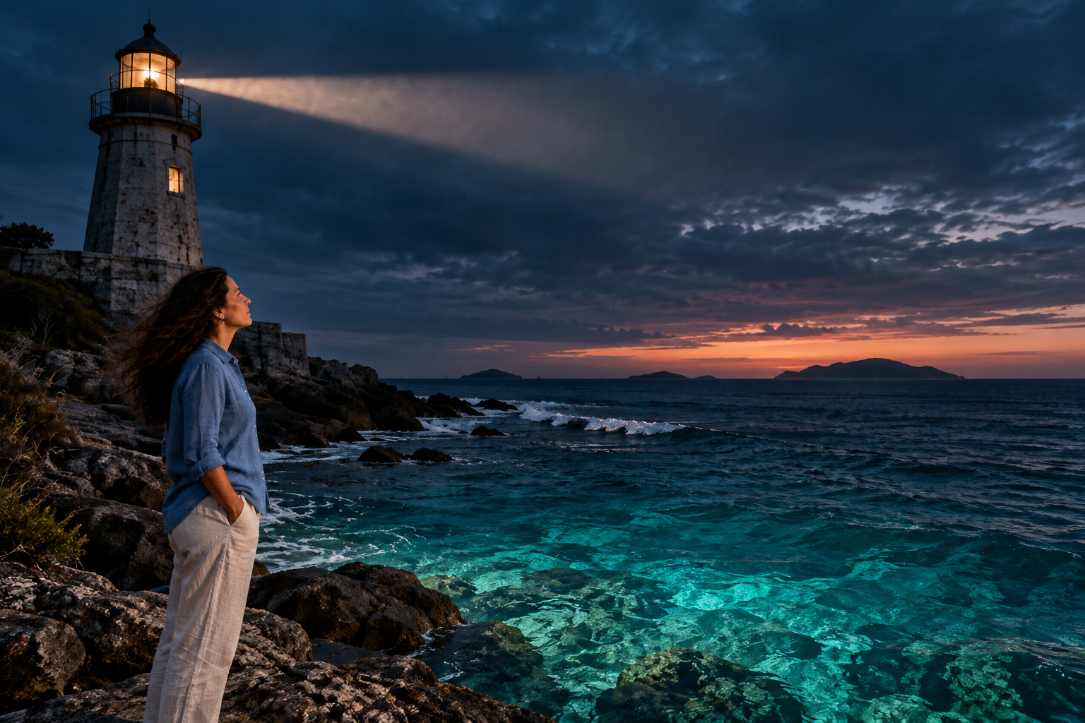 woman looking up at a dimmed lighthouse beam over ocean