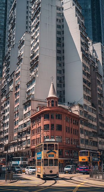 Busy Hong Kong Street Scene with Trams and Tall Buildings in Mid-day Sun - Free mobile Wallpaper