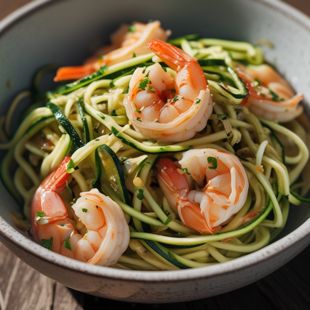 Final Zucchini Noodle Shrimp Power Bowl with Basil Pesto
