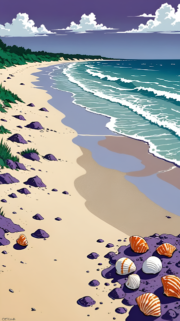 Retro Beach Art Seaside Landscape Purple Rocks Seashells - Free mobile Wallpaper