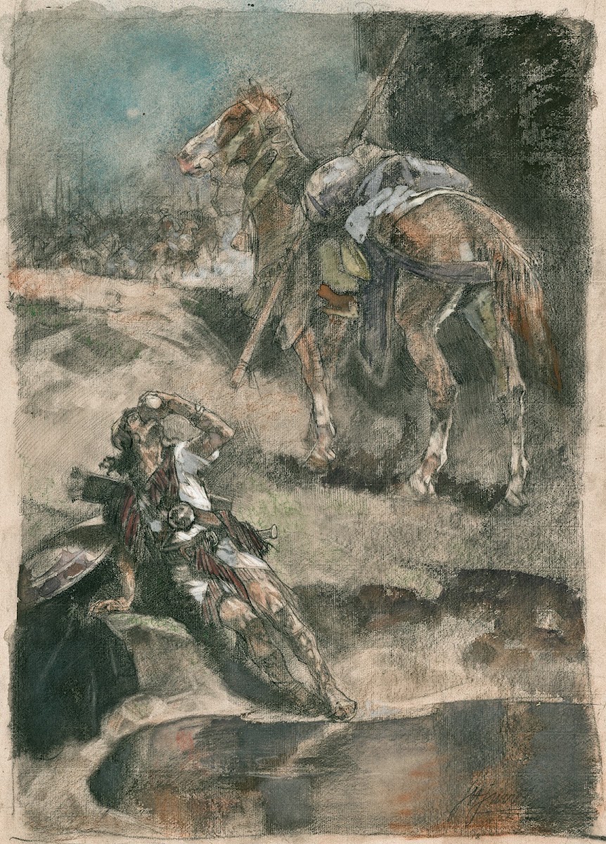 A soldier Persian or Greek warrior after having dismounted his horse is having a