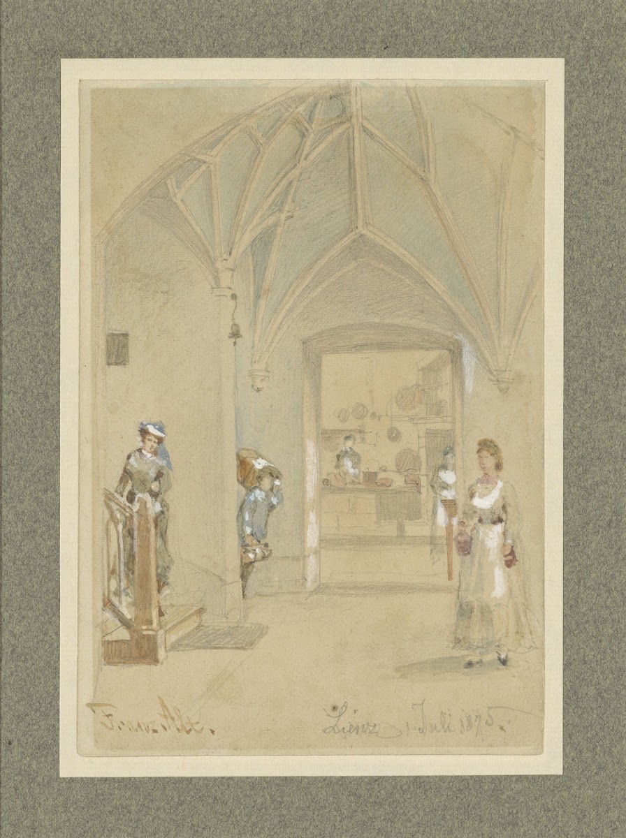 Gang van een Gasthaus met doorkijk in de keuken 1875