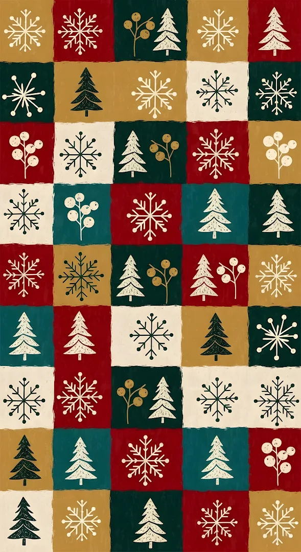 Festive Folk Pattern Christmas Trees Snowflakes Repeat