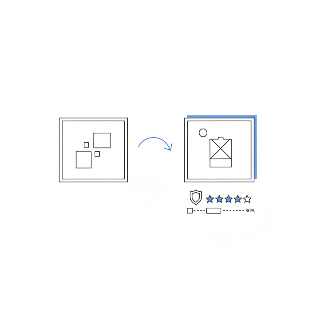 Minimal 2D vector close-up of a thumbnail-to-authentic-photo swap with badge and star trust icons on a clean white background, Agency Visible palette, 2% ctr