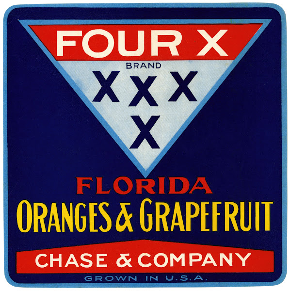 Four X Brand Florida Oranges and Grapefruit Label 1930 1950