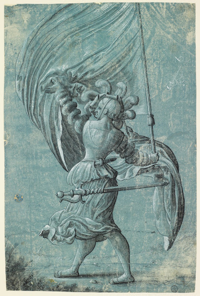 Kriegerisch ausgerüstetes Mädchen als Fahnenträgerin 1518