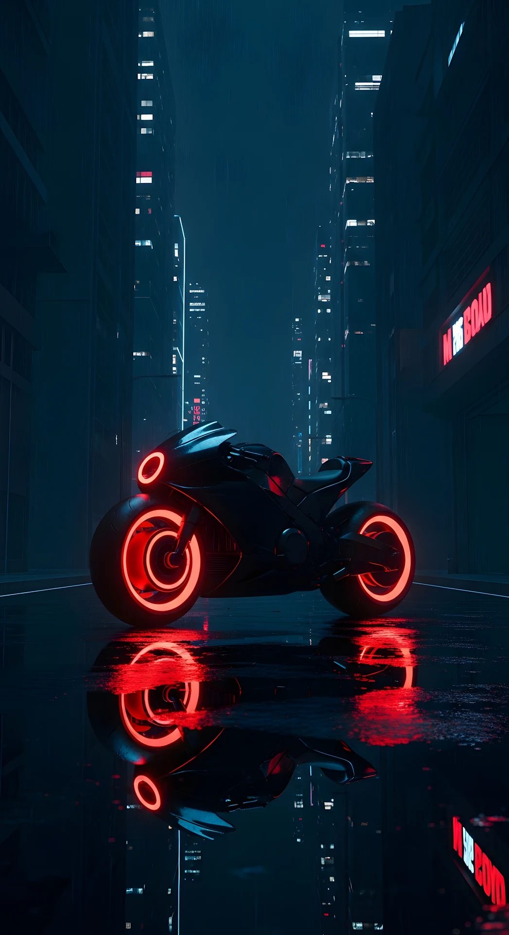 Dark Futuristic Motorcycle with Neon Red Wheels on a Wet City Street at Night - Free 4K mobile Wallpaper