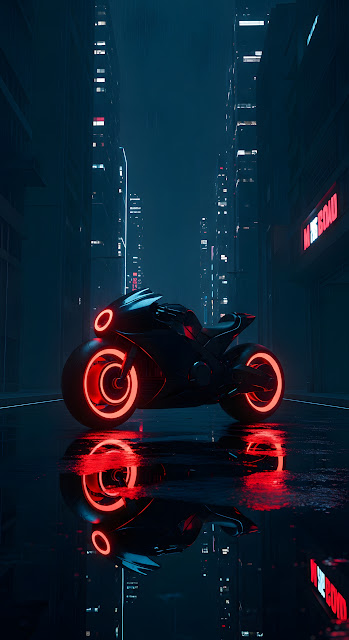 Dark Futuristic Motorcycle with Neon Red Wheels on a Wet City Street at Night - Free mobile Wallpaper
