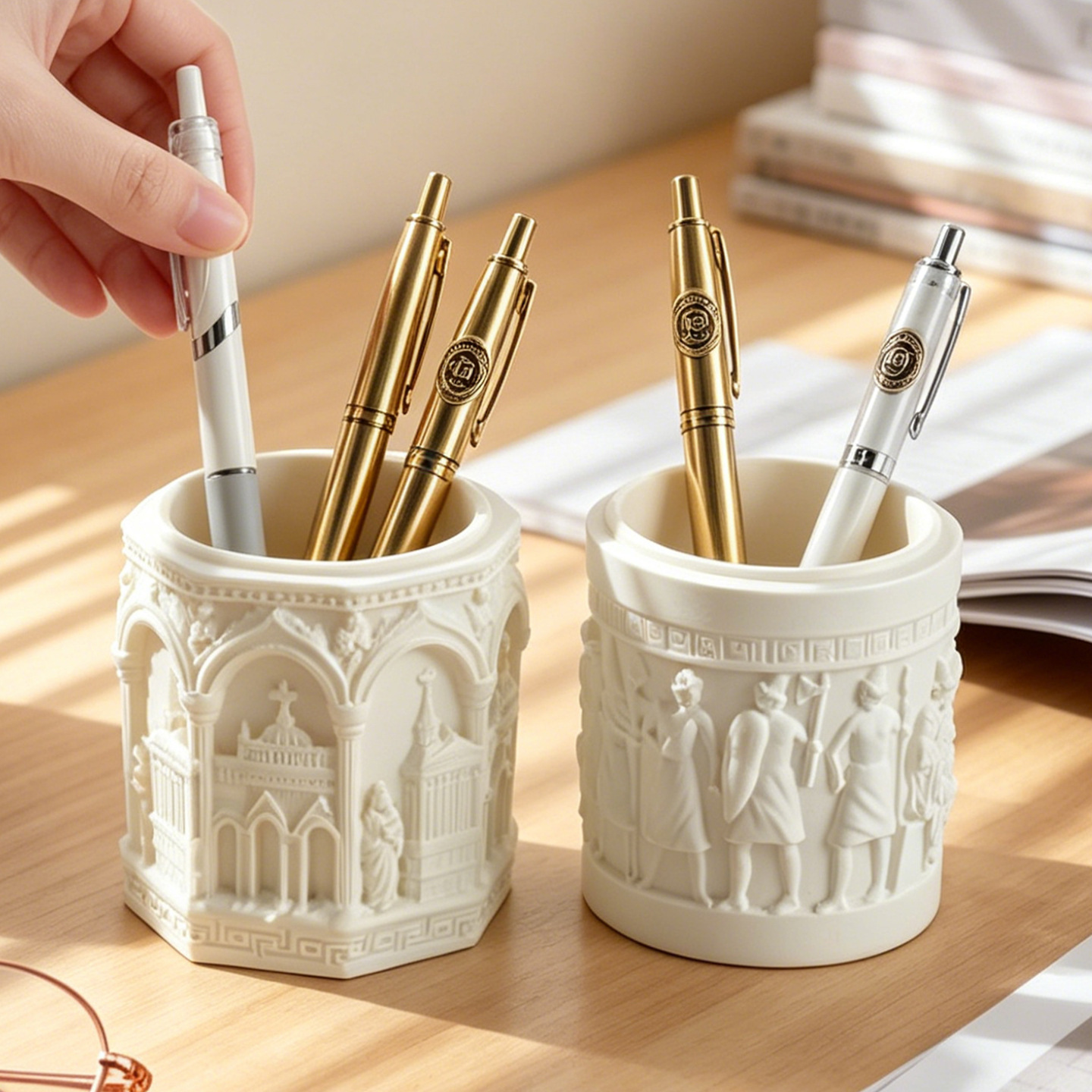 Pen holder with Roman bas-relief design
