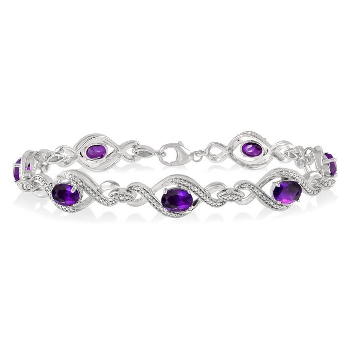 Silver Oval Shape Gemstone & Diamond Bracelet