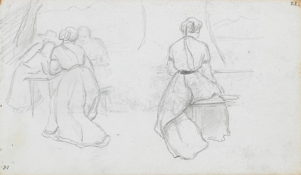 Interiør med figurer sittende ryggvendt kvinne 1867