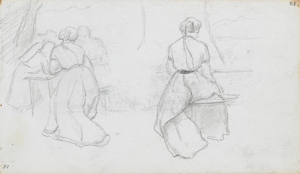 Interiør med figurer sittende ryggvendt kvinne 1867