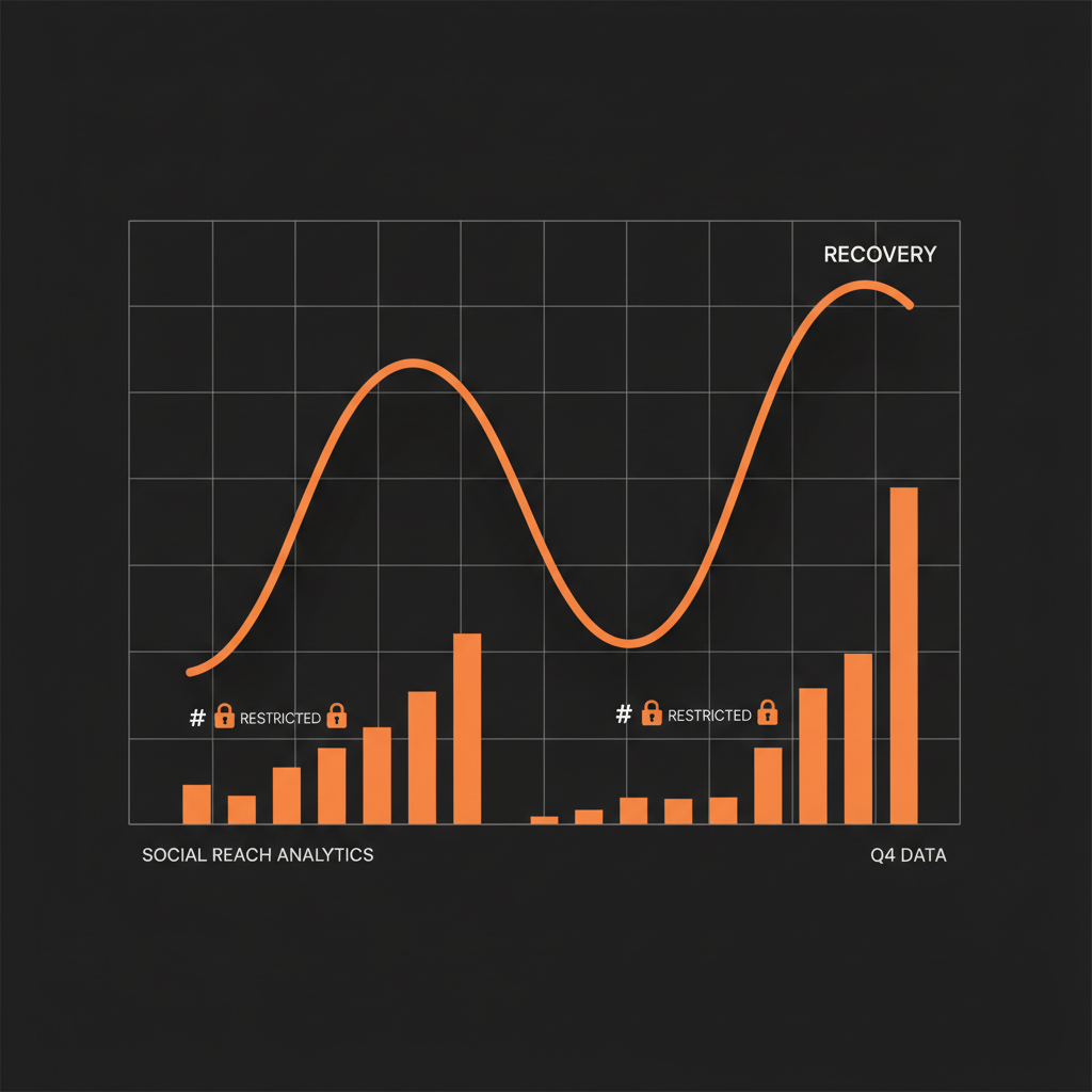 Minimalist dashboard infographic showing charts dipping then recovering with hashtag and lock icons, using Social Success Hub colors to illustrate a shadowban impact