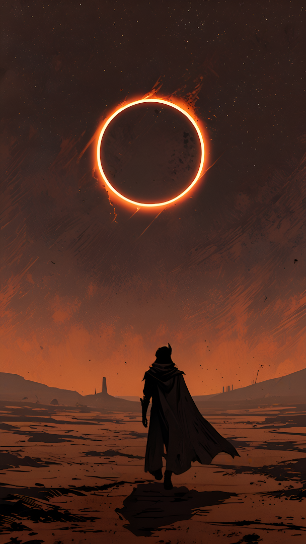 Silhouette Walking Toward Ringed Eclipse in Desert