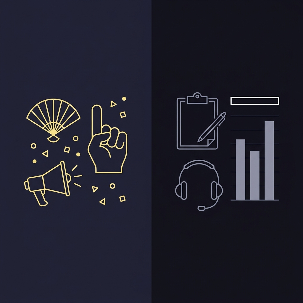 Minimal 2D vector split scene with fan objects foam finger megaphone and confetti contrasted with analyst objects clipboard chart and pen illustrating how confirmation bias distorts sports analysis