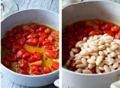 Cà chua bi rửa sạch, cắt đôi. Đun nóng chảo với dầu olive, cho cà chua vào cùng tỏi băm, lá thyme, giấm, muối và tiêu rồi đảo đều đến khi cà chín mềm khoảng 7 - 8 phút thì cho đậu trắng vào xào 3 - 5 phút nữa là có thể tắt bếp rồi đó. Sau đó có thể cho thêm rau arugula vào trộn đều lên, múc salad ra dĩa, thêm thịt xông khói ý, phô mai viên mozzarella cùng chút dầu olive và húng quế lên nữa là thưởng thức được nha.