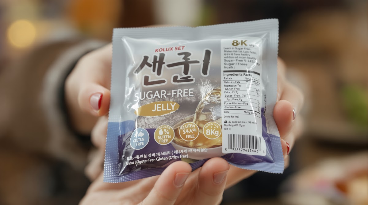 무당젤리  유산균, 식이섬유, 비타민 등이 첨가된 무당젤리의 성분표, 건강한 원료가 강조된 제품 패키지, 무설탕·무지방·글루텐프리 마크가 보이는 섭취 장면