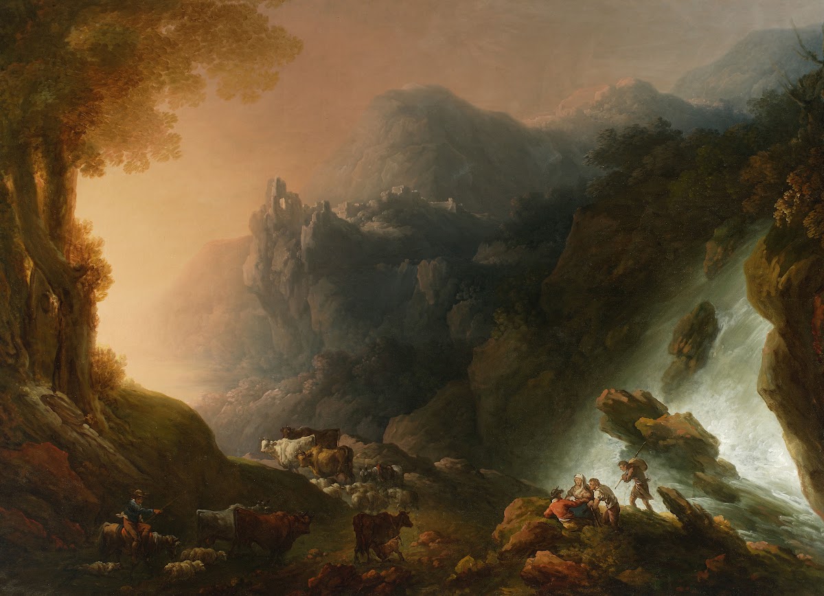 Mountain landscape with a waterfall circa 1820