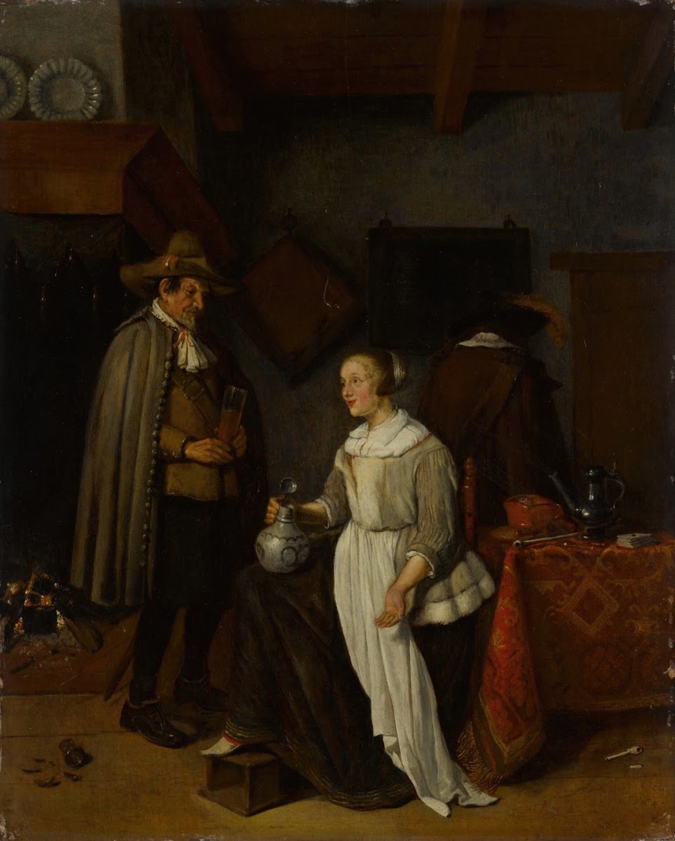 Soldier drinking with a young woman in an inn 1664