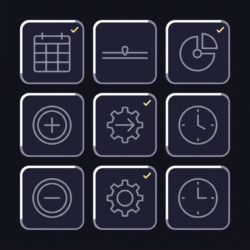 Minimalist 2D vector checklist with six icon tiles for measurement window baseline percent cap monetary stop action review date illustrating How to Set Weekly and Monthly Drawdown Limits