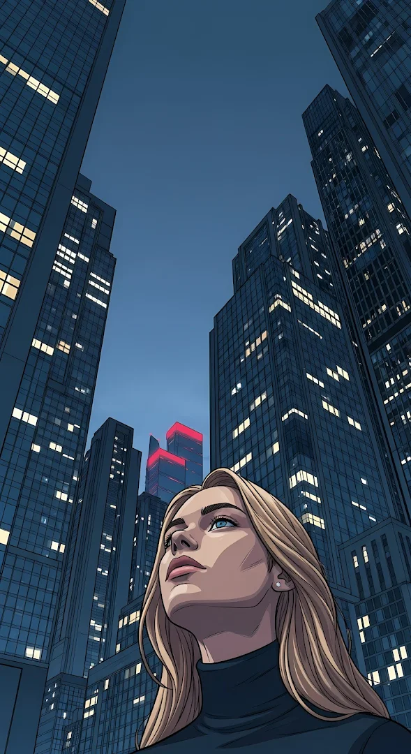 Corporate Woman Gazing Up at Towering Skyscrapers