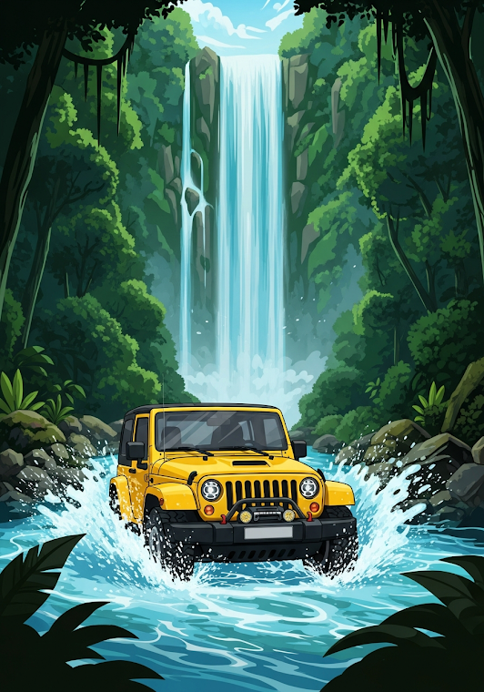 Yellow Jeep River Crossing Jungle