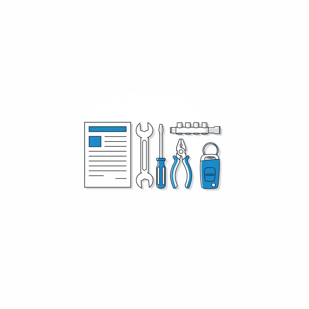 Top down minimalist vector of mechanic workbench with tools vehicle history printout and car key fob featuring a small 3666ed accent best website to check car value