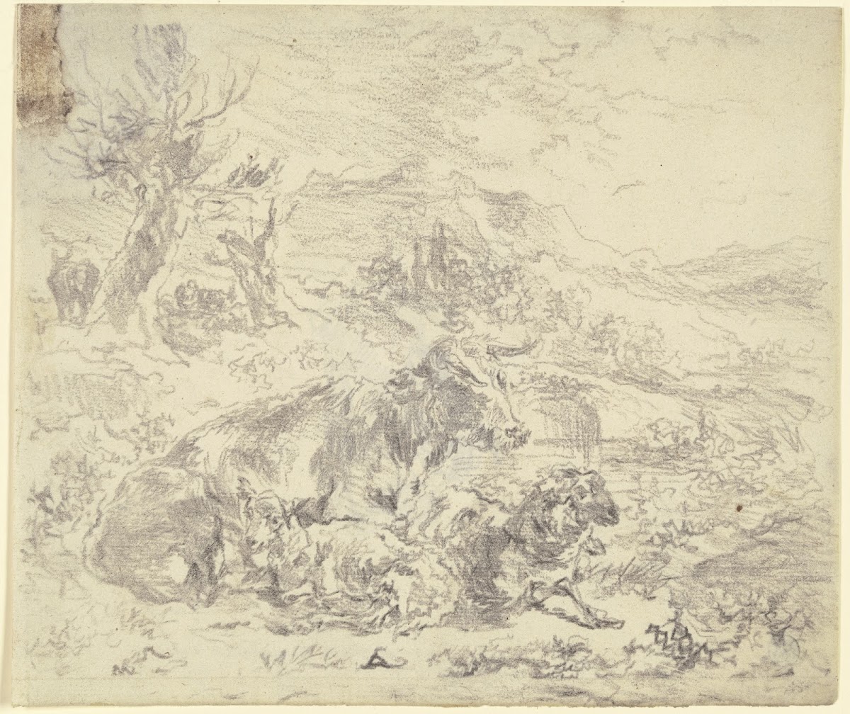 Eine Kuh eine Ziege und ein Schaf beieinander in einer bergigen Landschaft liege