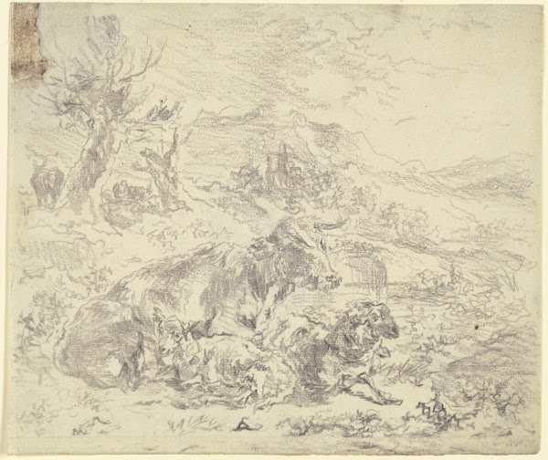 Eine Kuh eine Ziege und ein Schaf beieinander in einer bergigen Landschaft liege
