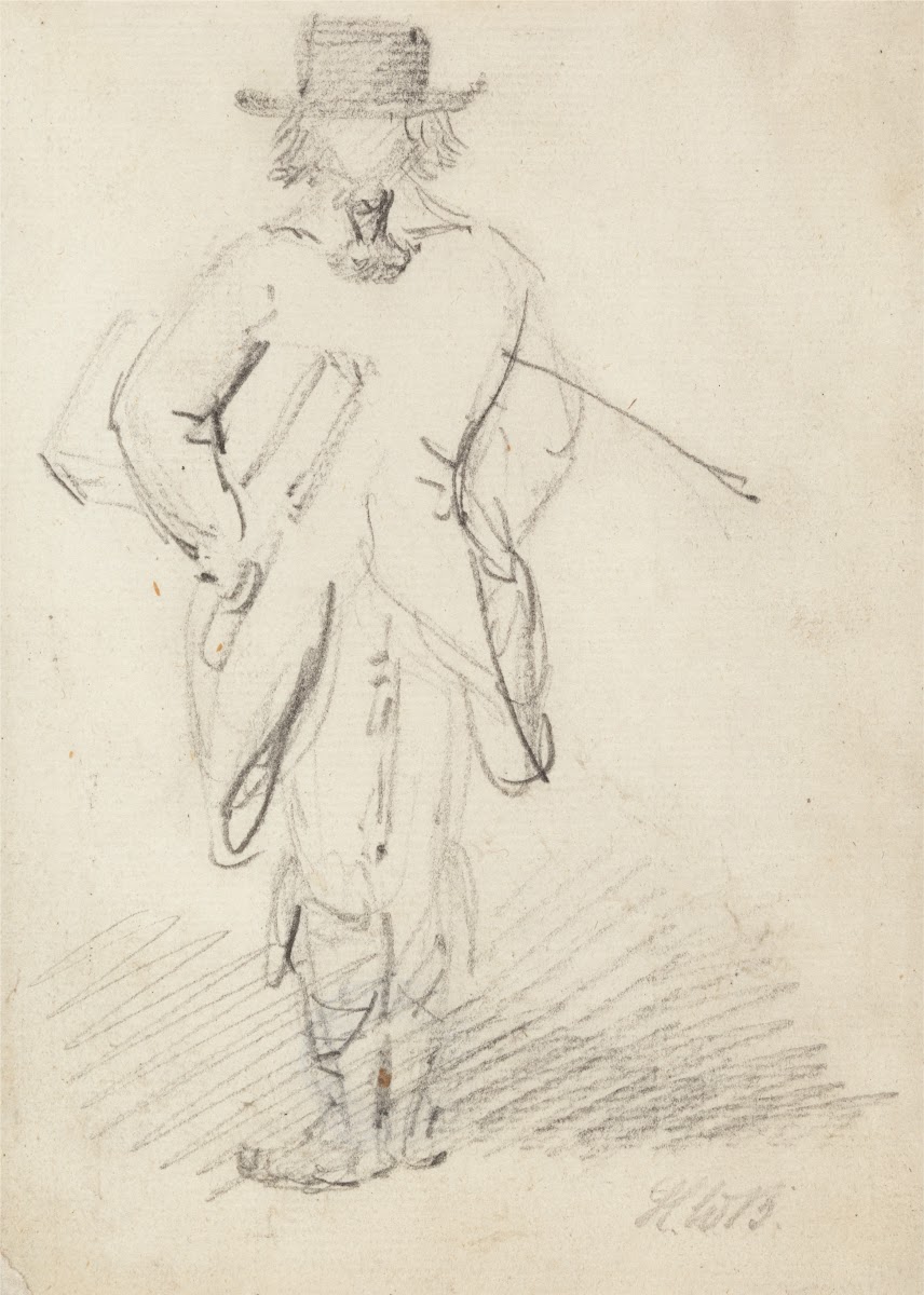 Back View of a Man Standing with a Large Book or Case under his Left Arm and a S