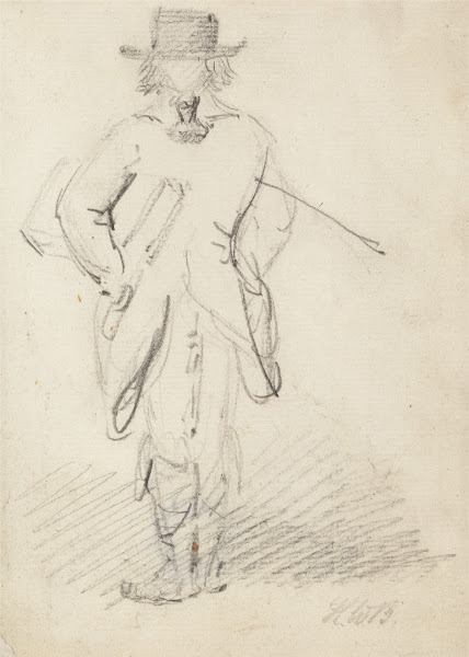 Back View of a Man Standing with a Large Book or Case under his Left Arm and a S