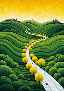 Abstract Green Hills: Winding River Landscape