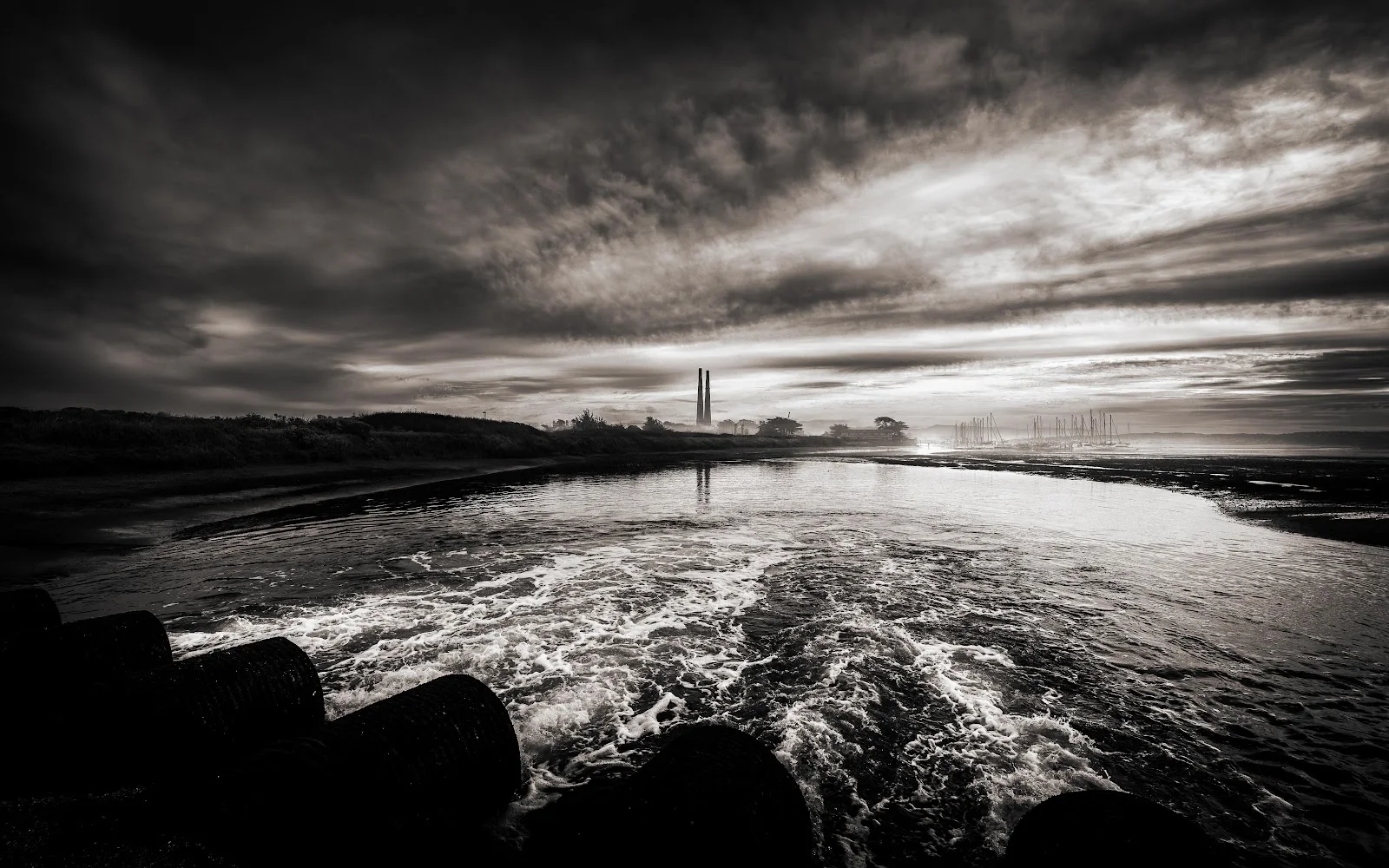 Moss Landing Harbor View - Monochrome Landscape Photography 5K Wallpaper (6048x3780)
