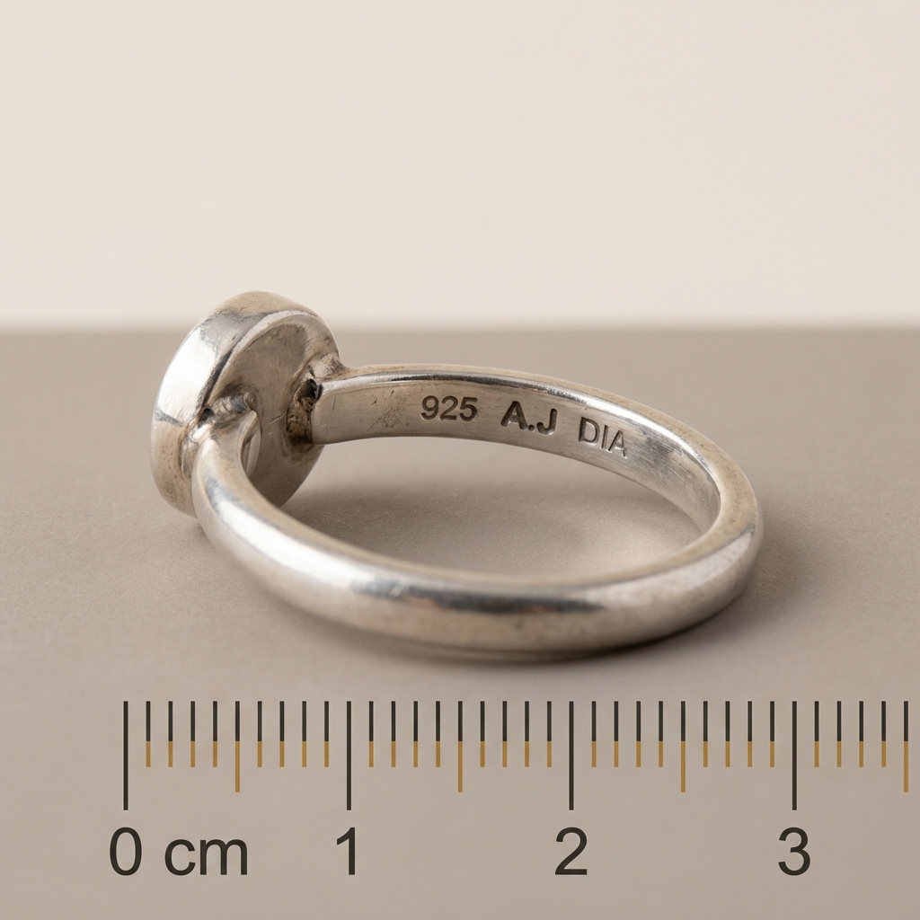 Macro photo of romanjewelry ring showing bezel joint inside of band visible hallmarks and a millimetre scale on a neutral #ede7da background