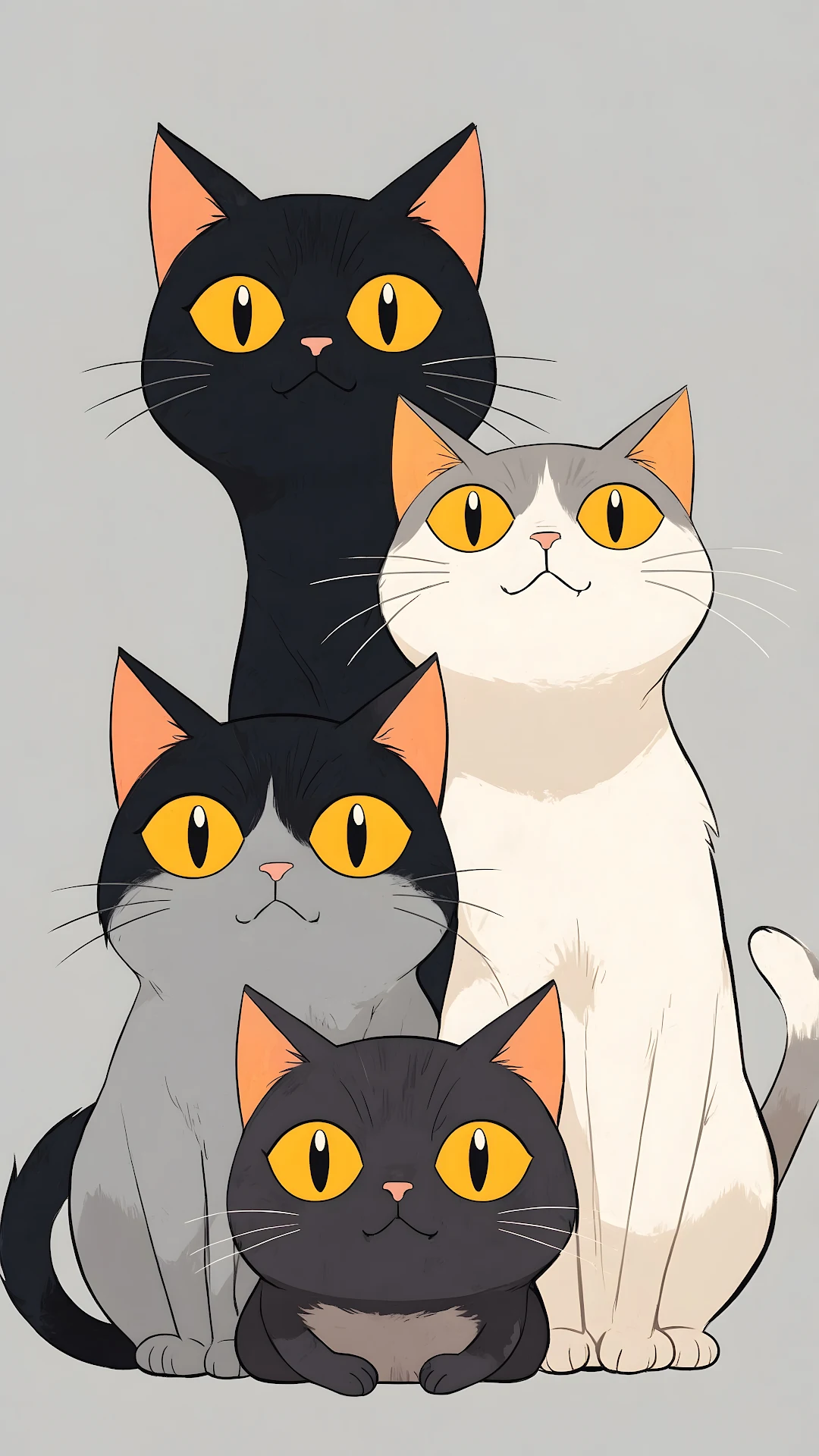 Four Adorable Animated Cat Group Illustration with Big Yellow Eyes - Free 4K mobile Wallpaper