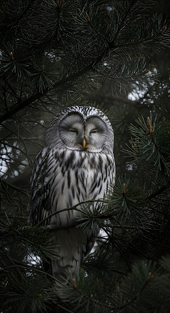 Sleeping Ural Owl Perched in Dark Pine Forest Branches - Free mobile Wallpaper