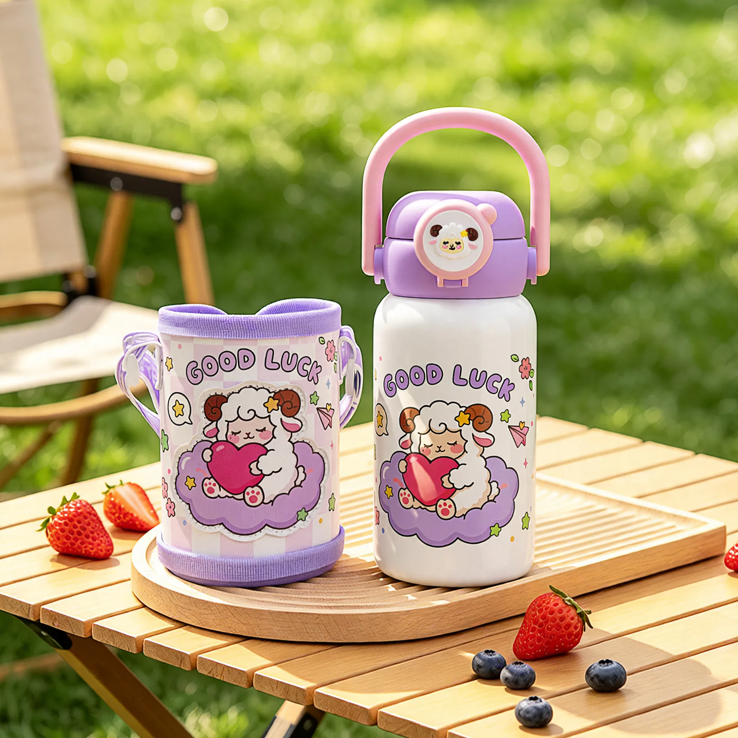 Children's thermos bottle with suction cup and straw