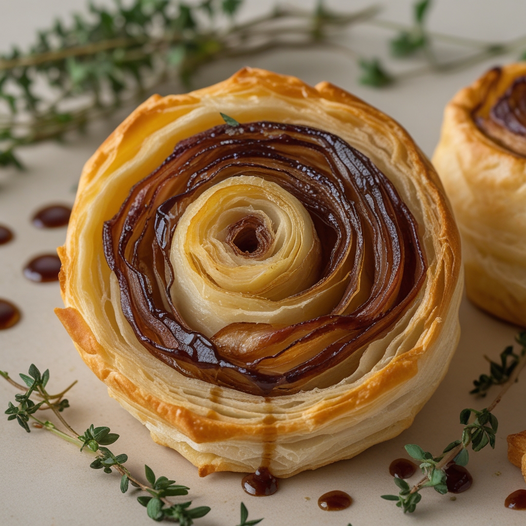Final Golden Flaky Caramelized Onion & Gruyère Pinwheels with Thyme-Balsamic Glaze