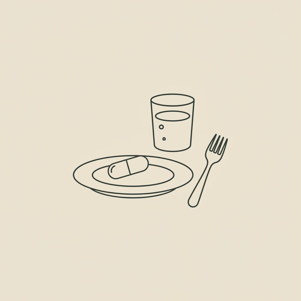 Minimal minimalist line illustration of a capsule on a plate with a fork and water glass on a beige background — how to burn fat fast naturally