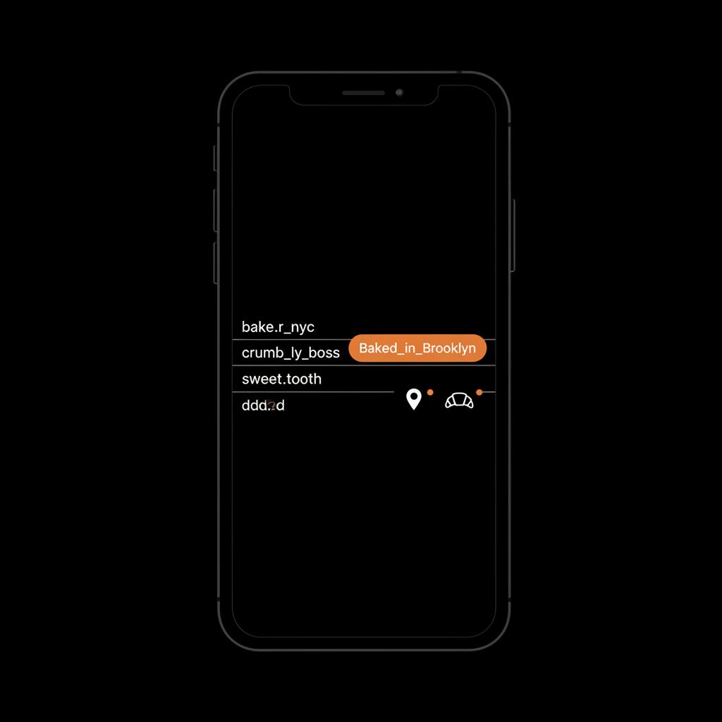 Minimal phone mockup infographic showing username options and a highlighted display name with location and bakery icons on black background — should my Instagram username be my business name