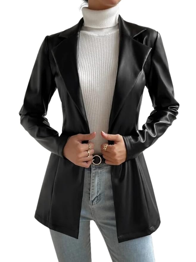 Tandul Synthetic Leather Black Blazer for Women Single Breasted Regular Fit Casual Jacket for Women & Girls, Size- M Gifts for Women 