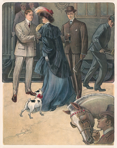 Woman with dog and two men watched by man with horse in foreround 1903