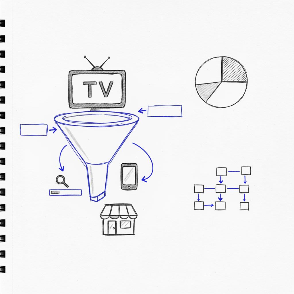 Notebook sketch of a marketing funnel with TV icon at the top, search and phone icons mid-funnel and a store icon at the bottom illustrating advantages of television advertising, minimalist white background, Agency Visible colors
