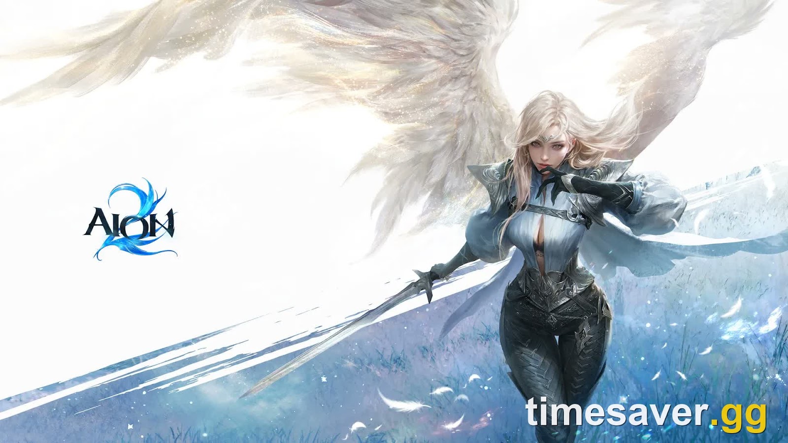 AION 2 white-winged Elyos Daeva warrior with a sword — pick your launcher before you commit to Advance Access