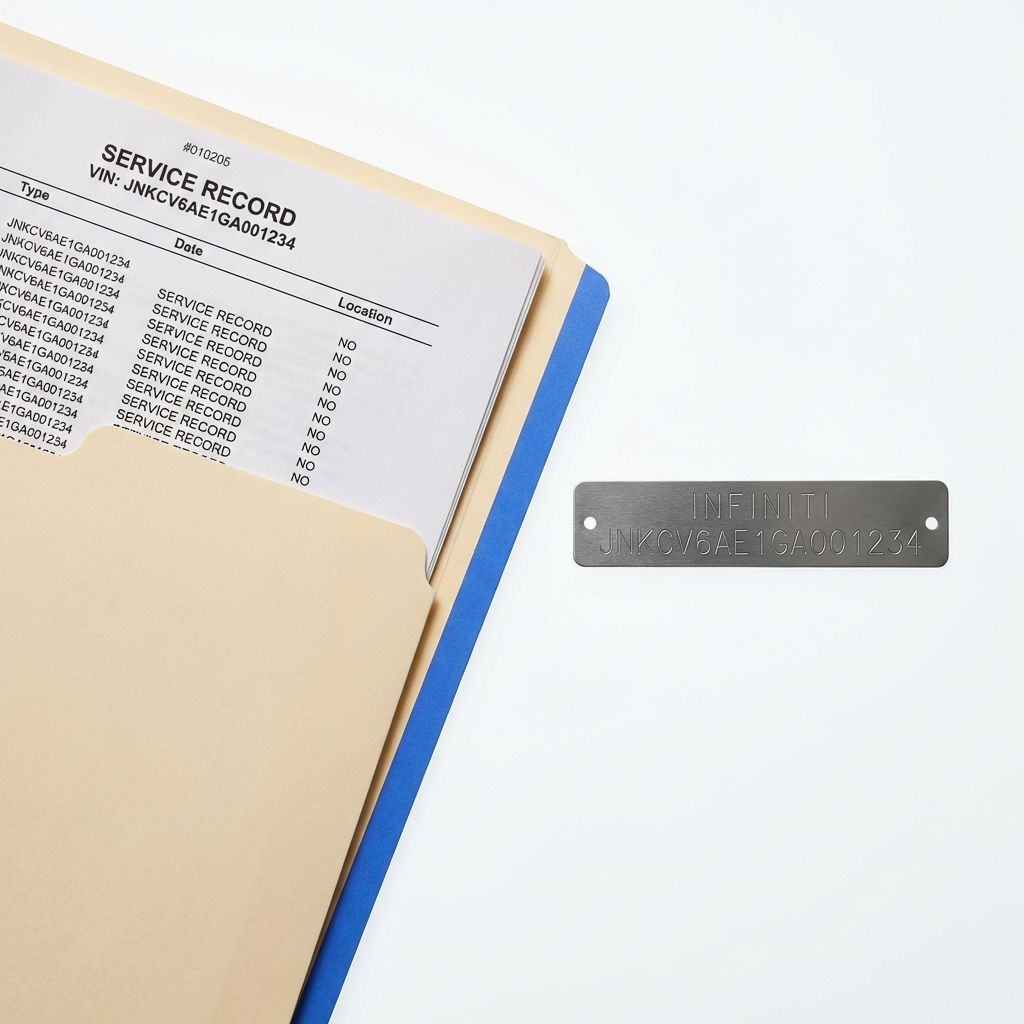 Close up of service record folder VIN plate and printed vehicle history report on a table for infiniti q50 for sale minimalist white background with CarFax Deals blue accents
