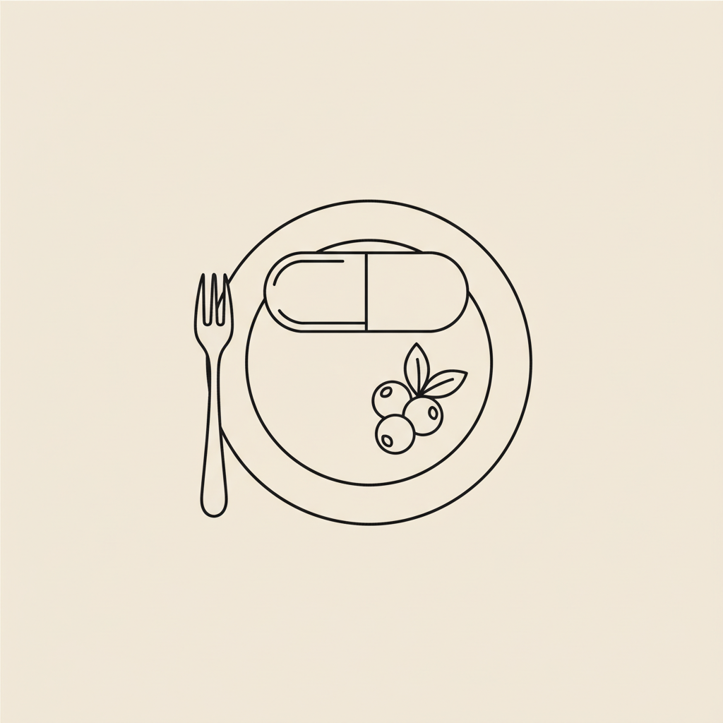 Minimalist Tonum-style vector line illustration of a capsule, plate with a fork, and a small cluster of berries on beige background — Zantrex Black