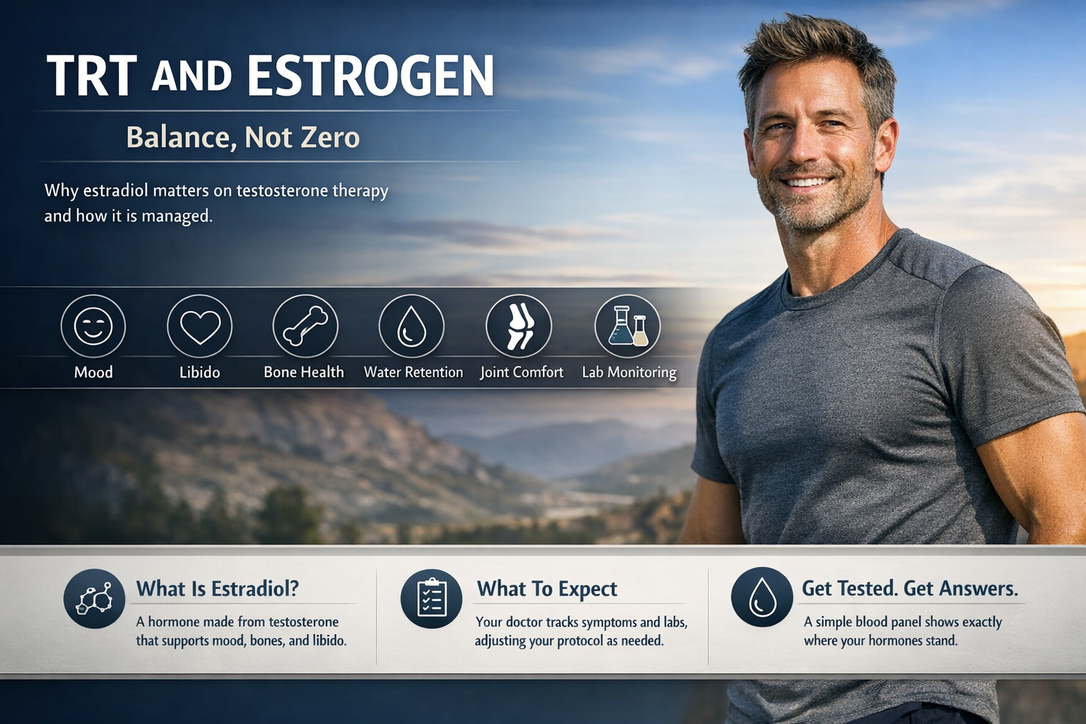 TRT and Estrogen (E2) Management — AZTRT Arizona TRT clinic blog cover showing a fit man with an infographic on estradiol balance, symptoms, and lab monitoring