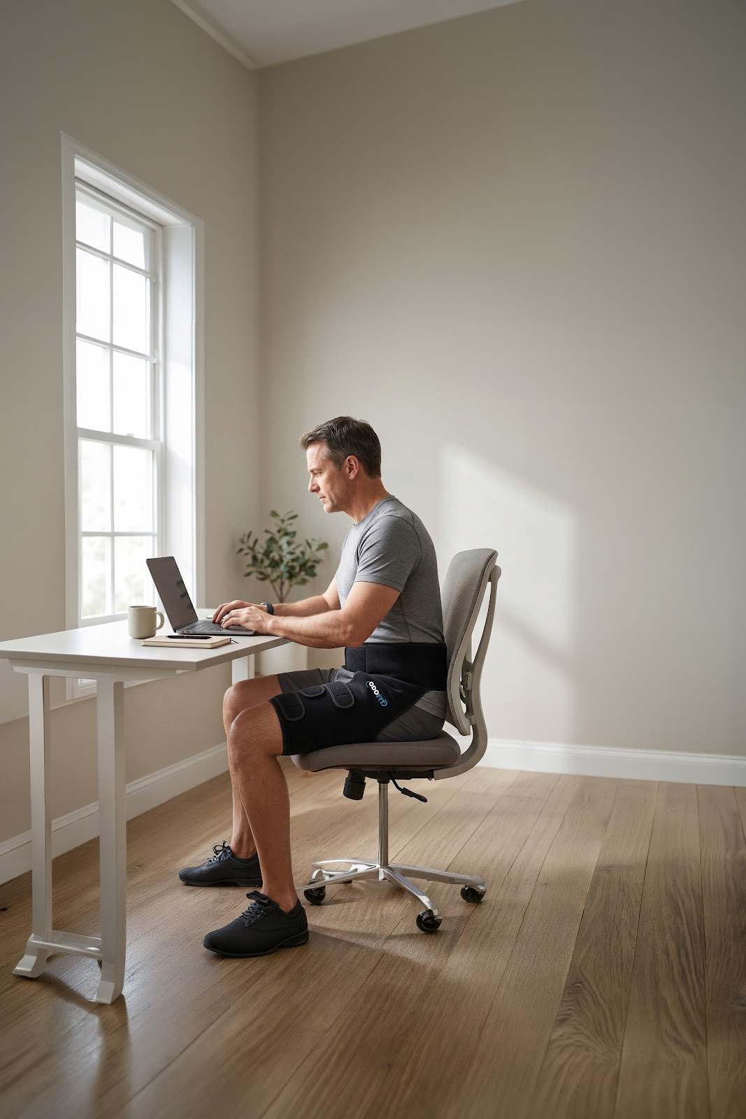 Wearing ODOFIT hip brace at the office