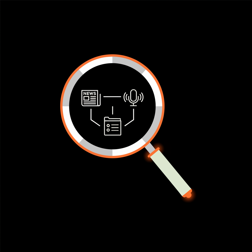 Minimal vector infographic of a magnifying glass over interconnected newspaper, podcast microphone, and directory icons on black background, illustrating verification research and blue tick on Instagram